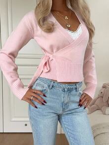 CovetEZ Women's Solid Color Wrap Tie Long Sleeve Knit Cardigan - Pink - View 2