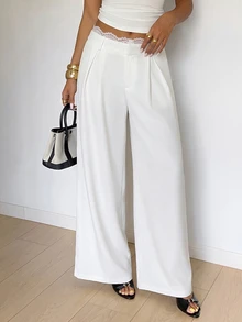 Aloruh Women's Fashion Vacation Lace Patchwork Pleated Long Pants - White - View 6
