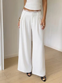 Aloruh Women's Fashion Vacation Lace Patchwork Pleated Long Pants - White - View 5