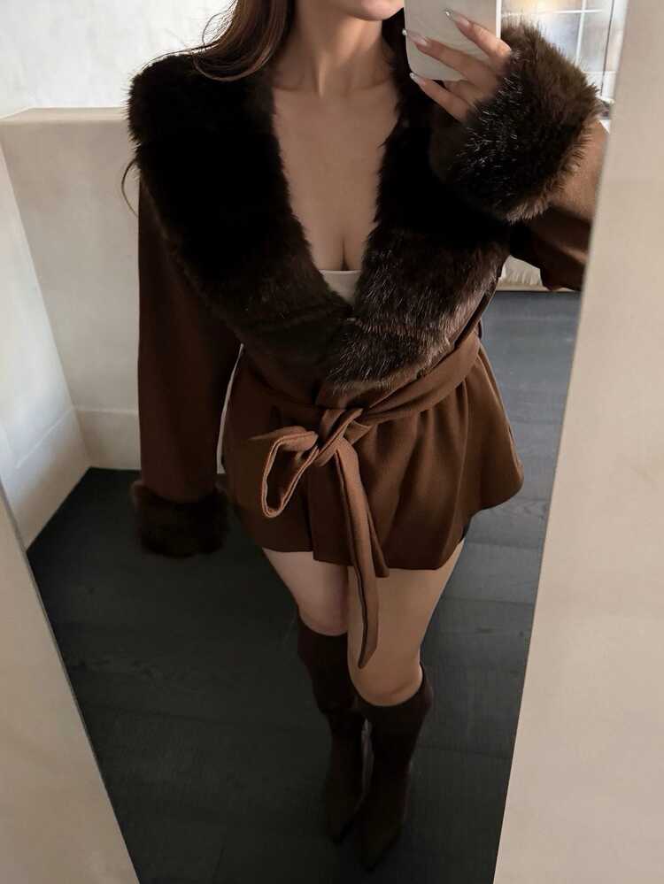 Vibekara Plus Size Women's Fuzzy Patchwork Waist Tie Fashion Versatile Wool Blend Coat Winter - Brown - View 4
