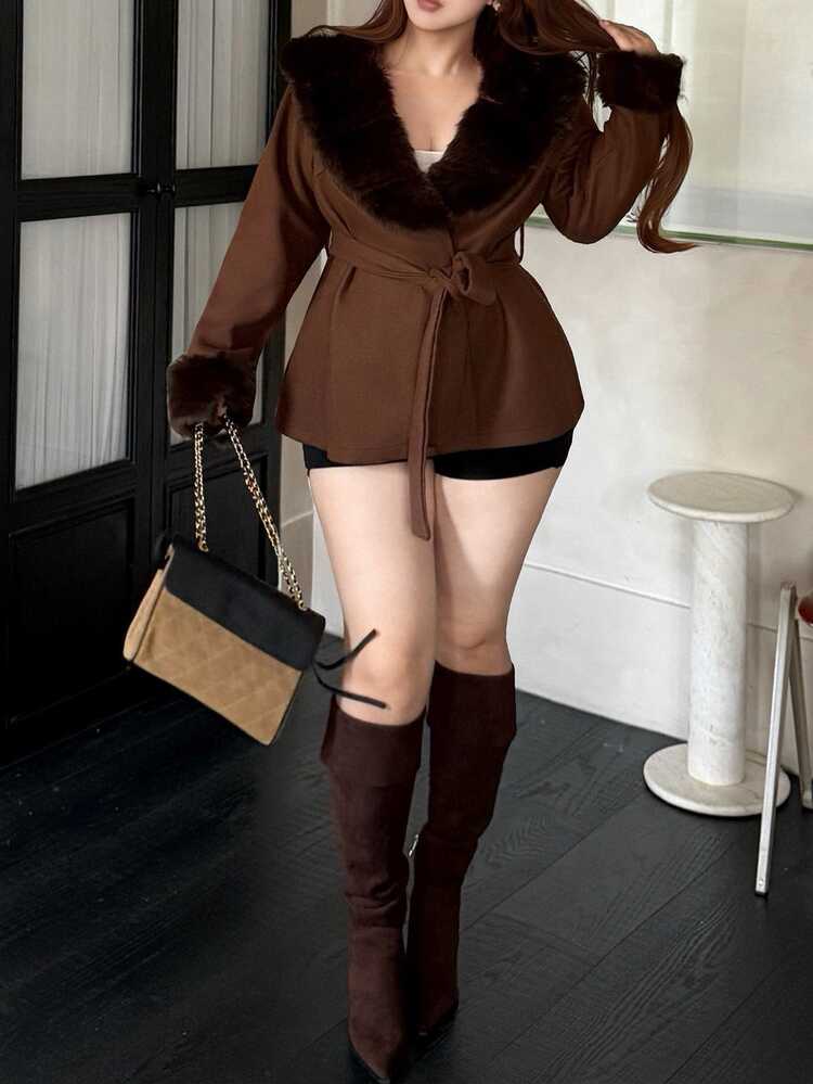 Vibekara Plus Size Women's Fuzzy Patchwork Waist Tie Fashion Versatile Wool Blend Coat Winter - Brown - View 3