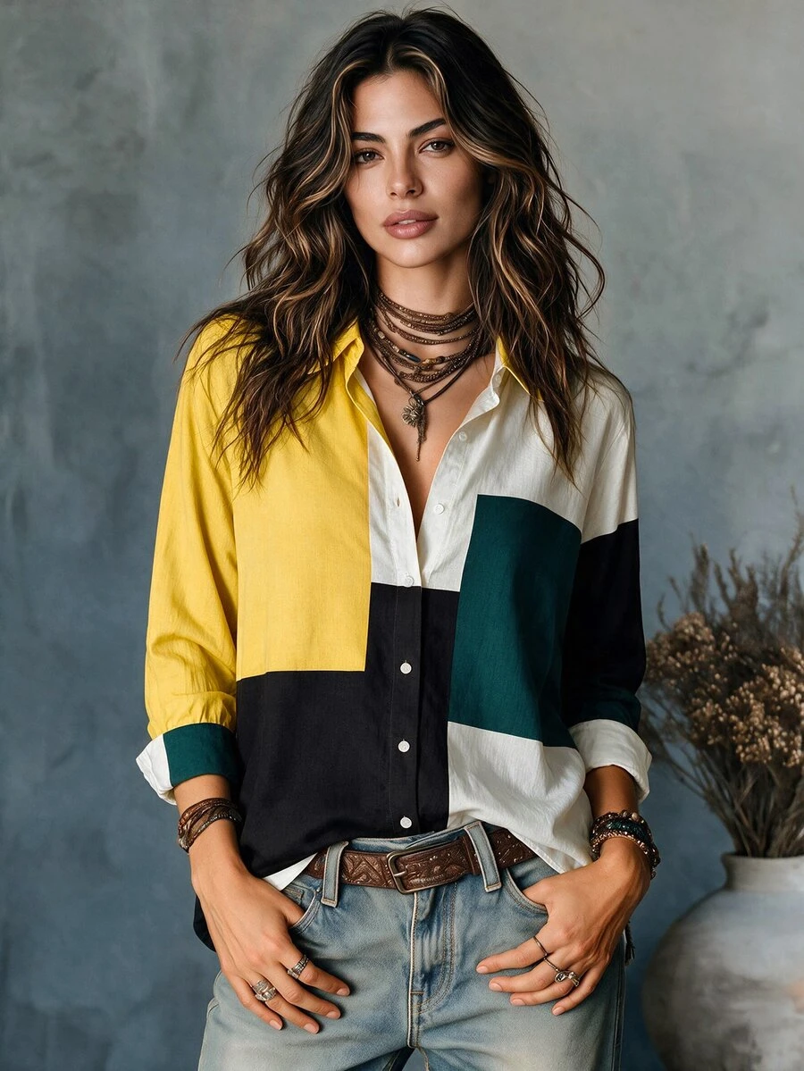 Glimmora Digital Print Loose Casual Long Sleeve Women's Shirt Brunch White And Yellow Fall - Multicolor - View 1