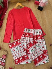 CoupledUp Pyjamasset med jul- och helgmönster, rund hals och lång ärm, bekvämt och mjukt loungewear - Röd - Visa 3