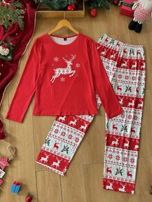 CoupledUp Pyjamasset med jul- och helgmönster, rund hals och lång ärm, bekvämt och mjukt loungewear - Röd - Visa 6