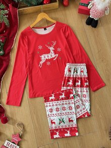 CoupledUp Pyjamasset med jul- och helgmönster, rund hals och lång ärm, bekvämt och mjukt loungewear - Röd - Visa 2