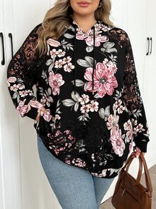 SHEIN CURVE+ 女款大尺碼印花袖蕾絲拼接連帽衛衣 秋季 - 彩色 - 查看 6