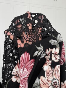 SHEIN CURVE+ 女款大尺碼印花袖蕾絲拼接連帽衛衣 秋季 - 彩色 - 查看 8