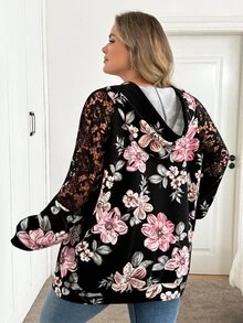 SHEIN CURVE+ 女款大尺碼印花袖蕾絲拼接連帽衛衣 秋季 - 彩色 - 查看 2