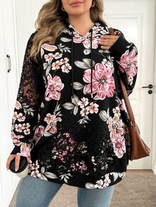 SHEIN CURVE+ 女款大尺碼印花袖蕾絲拼接連帽衛衣 秋季 - 彩色 - 查看 5