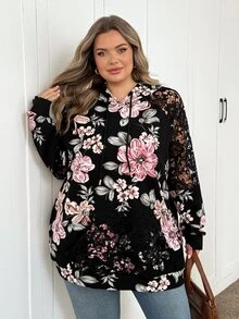 SHEIN CURVE+ 女款大尺碼印花袖蕾絲拼接連帽衛衣 秋季 - 彩色 - 查看 4