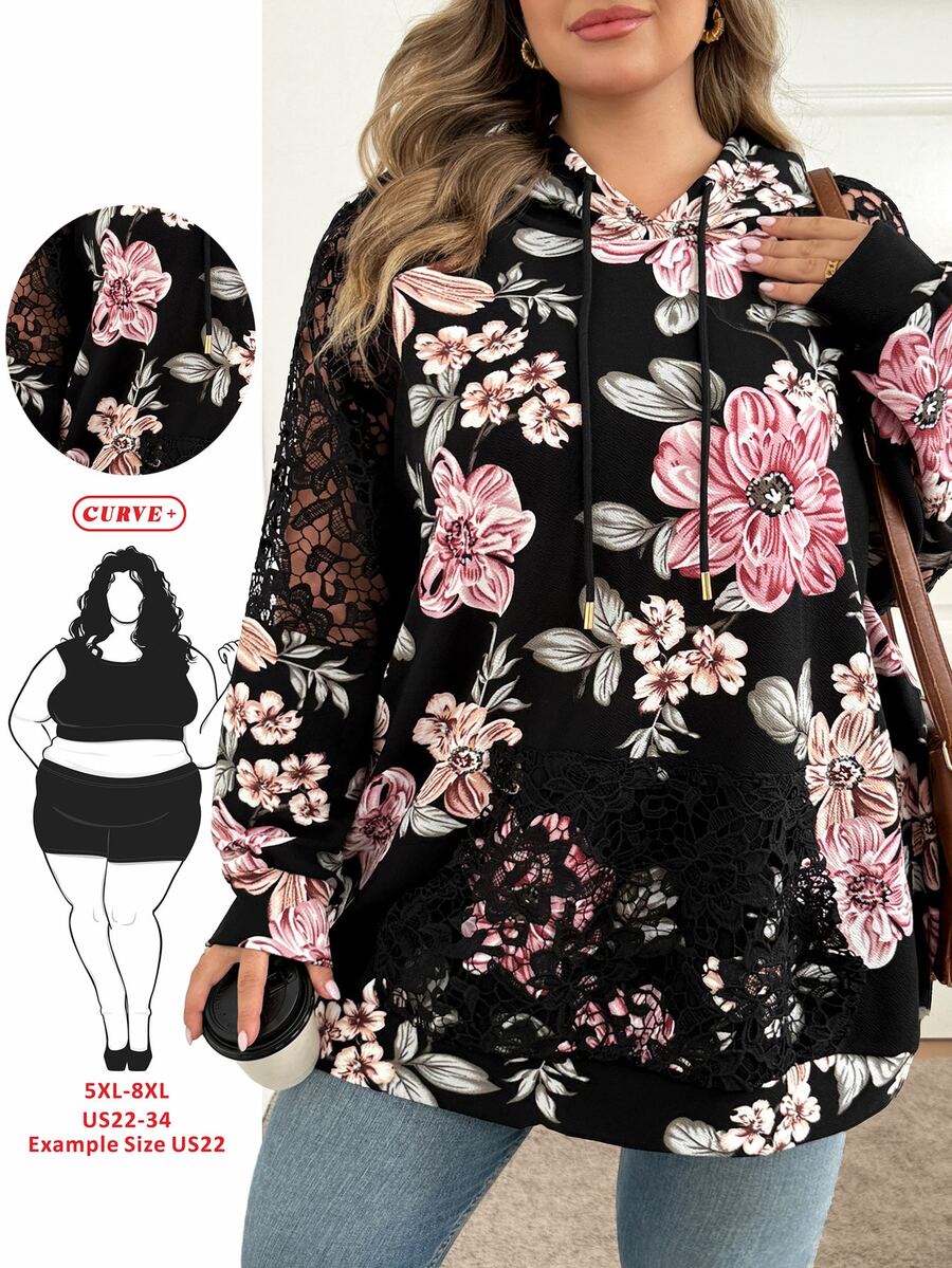 SHEIN CURVE+ 女款大尺碼印花袖蕾絲拼接連帽衛衣 秋季 - 彩色 - 查看 1