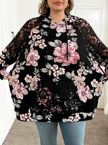 SHEIN CURVE+ 女款大尺碼印花袖蕾絲拼接連帽衛衣 秋季 - 彩色 - 查看 3