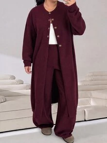 Solflare 大尺碼女款寬鬆純色羊絨針織開襟衫，休閒極簡長版毛衣外套，適合秋冬度假與正式場合，深綠色 - 酒紅色 - 查看 4