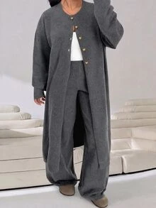 Solflare 大尺碼女款寬鬆純色羊絨針織開襟衫，休閒極簡長版毛衣外套，適合秋冬度假正式場合，深綠色 - 深灰色 - 查看 5