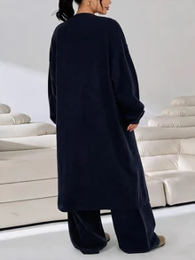 Solflare Plus Size Women's Casual Relaxed Fit Solid Color Cashmere Knit Cardigan Sweater Jacket, Mid-Length, Minimalist Autumn/Winter - Navy Blue - View 2