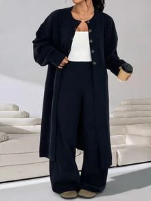 Solflare Plus Size Women's Casual Relaxed Fit Solid Color Cashmere Knit Cardigan Sweater Jacket, Mid-Length, Minimalist Autumn/Winter - Navy Blue - View 1