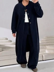 Solflare Plus Size Women's Casual Relaxed Fit Solid Color Cashmere Knit Cardigan Sweater Jacket, Mid-Length, Minimalist Autumn/Winter - Navy Blue - View 5