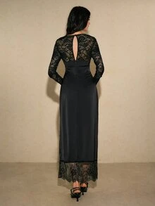 Poéselle Women's Solid Color Contrast Lace Long Sleeve Side Slit Hem Sexy Elegant Fashion Long Dress Halloween Dinner Night Out Black Fall Spooky Season - Black - View 3