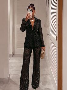 Silquee This Black Blazer Features A Sequined Mesh Design That Blends Fashion-Forward Style With A Retro Street Vibe; It Offers A Cool, Edgy Look Suitable For - Black - View 7