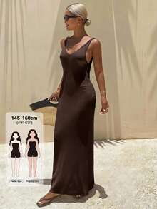 Livesso Petite Women's Solid Color Casual Everyday Summer Knit Dress - Brown - View 1