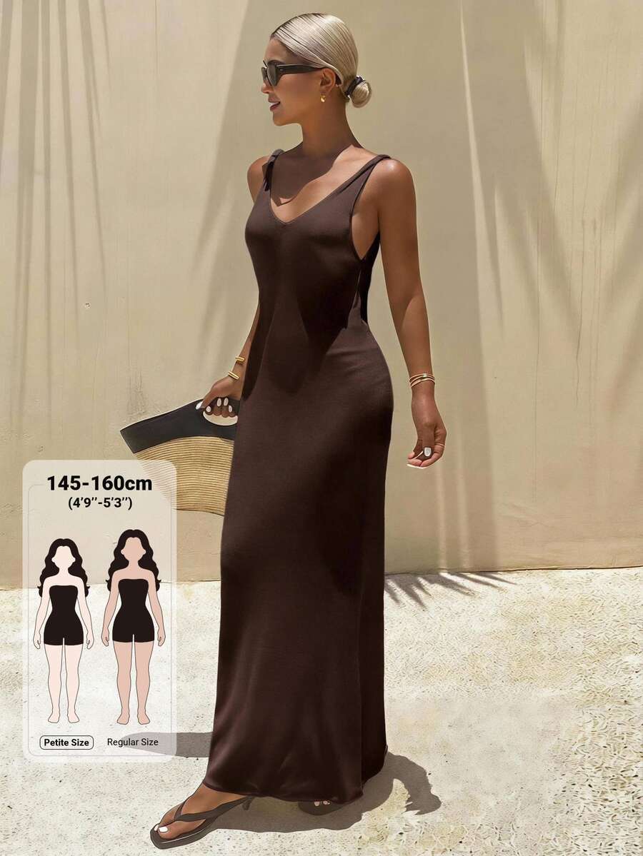Livesso Petite Women's Solid Color Casual Everyday Summer Knit Dress - Brown - View 1