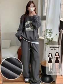 DAZY Women's Letter Print Fashion Long Sleeve Sweatshirt And Drawstring Waist Pants 2 Pieces Set - Grey - View 1