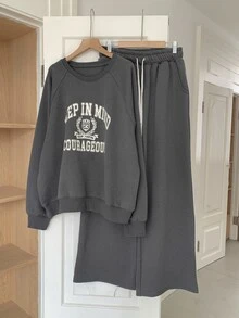 DAZY Women's Letter Print Fashion Long Sleeve Sweatshirt And Drawstring Waist Pants 2 Pieces Set - Grey - View 7