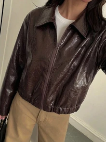 Livesso Petite 女款 PU 皮革前拉鍊長袖休閒夾克 冬季 - 鏽棕色 - 查看 5