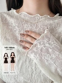DAZY 女款紋理長袖時尚浪漫優雅荷葉邊飾 T-shirt，白色，適合早午餐與夏季 - 白色 - 查看 1