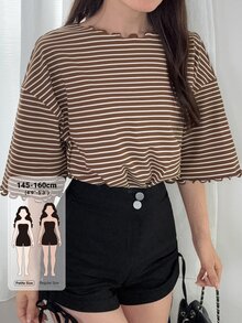 DAZY Women's Striped Crew Neck Drop Shoulder Loose Casual T-Shirt - Brown - View 1