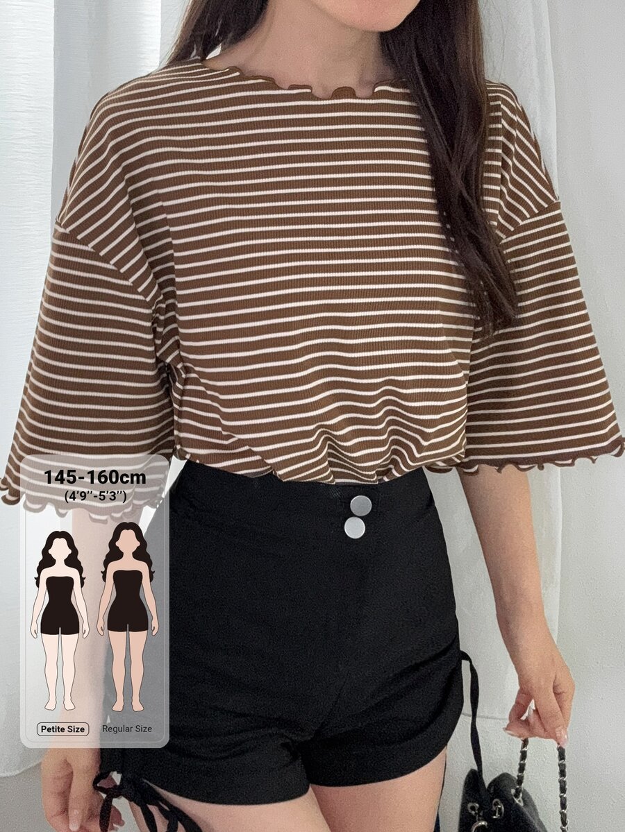 DAZY Women's Striped Crew Neck Drop Shoulder Loose Casual T-Shirt - Brown - View 1