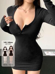 DAZY Women's Solid Color Button Half-Placket Long Sleeve Slim Fit Fashion Dress - Black - View 1