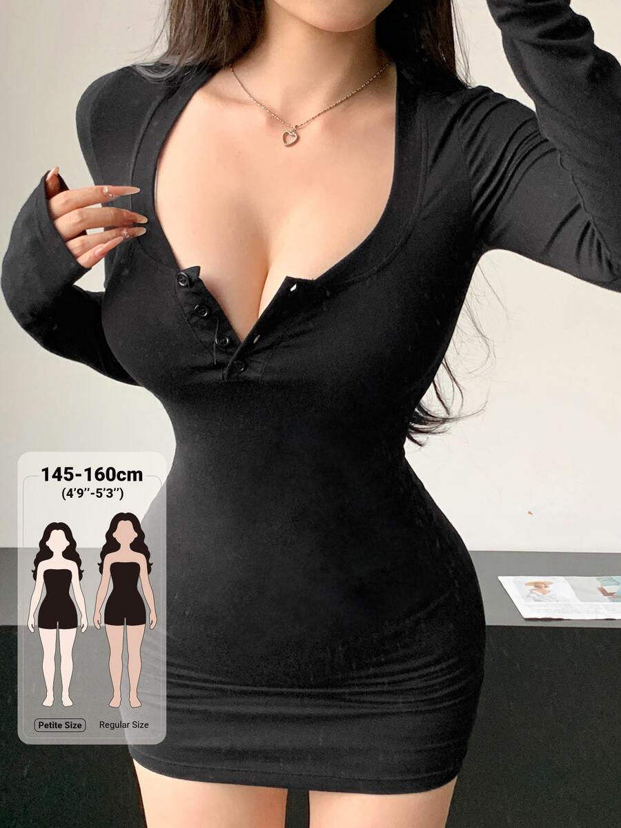 DAZY Women's Solid Color Button Half-Placket Long Sleeve Slim Fit Fashion Dress - Black - View 1