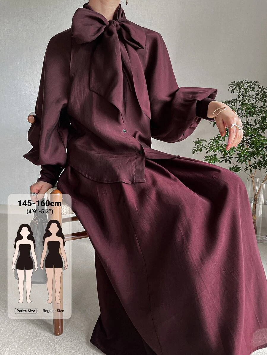 DAZY Women's Solid Color Collar Long Sleeve Shirt And Skirt Elegant 2 Pieces Set Fall - Burgundy - View 1