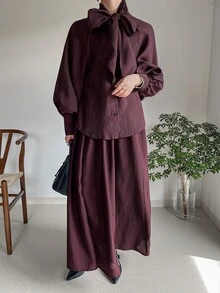 DAZY Women's Solid Color Collar Long Sleeve Shirt And Skirt Elegant 2 Pieces Set Fall - Burgundy - View 3