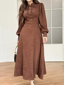 Feyla 女款純色領口鈕扣設計長袖優雅法式復古中長洋裝，適合感恩節早午餐、日常約會、辦公室、茶會、秋季穿著 - 棕色 - 查看 3