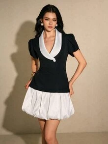 Poéselle 女款對比色披肩領花瓣短袖優雅法式洋裝，適合派對、雞尾酒會、約會、下午茶、夜晚與日間酒吧，黑白色，萬聖節 - 黑色 - 查看 6