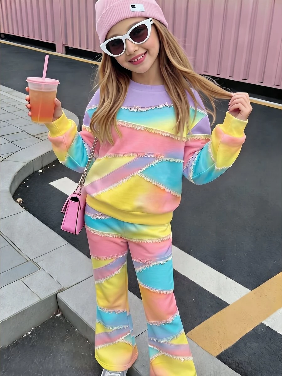 2pcs/Set, Autumn/Winter New Women's Toddler Fresh Fashion Casual Minimalist Style Colorful Patchwork Pattern Basic Pullover Sweatshirt + Elastic Waist Flare Pants, Autumn/Winter Daily Outfit - Multicolor - View 1