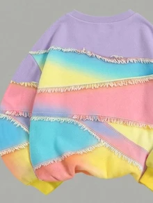 2pcs/Set, Autumn/Winter New Women's Toddler Fresh Fashion Casual Minimalist Style Colorful Patchwork Pattern Basic Pullover Sweatshirt + Elastic Waist Flare Pants, Autumn/Winter Daily Outfit - Multicolor - View 5