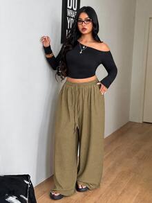 Coolane Women's Plus Size Summer Fall Elegant Formal Vacation Casual Boho Drawstring Waist Loose High-Waist Chocolate Khaki Pants Halloween - Khaki - View 5