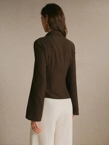 Poéselle 女款純色長袖單排扣腰部扣環設計優雅休閒襯衫 辦公商務 深棕色 秋季 - 棕色 - 查看 4