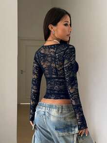 StreetHx Women's Fashionable Crew Neck Long Sleeve Sexy Lace Top - Navy Blue - View 2