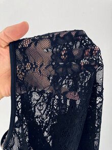 StreetHx Women's Fashionable Crew Neck Long Sleeve Sexy Lace Top - Navy Blue - View 7