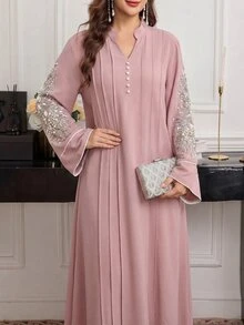 Al Najma Elegant Party Notched Neck Sequin Patchwork Flare Sleeve Pleated Loose Arabic Style Dress - Pink - View 3