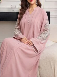 Al Najma Elegant Party Notched Neck Sequin Patchwork Flare Sleeve Pleated Loose Arabic Style Dress - Pink - View 5