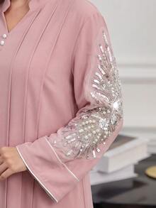Al Najma Elegant Party Notched Neck Sequin Patchwork Flare Sleeve Pleated Loose Arabic Style Dress - Pink - View 2