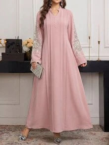 Al Najma Elegant Party Notched Neck Sequin Patchwork Flare Sleeve Pleated Loose Arabic Style Dress - Pink - View 4