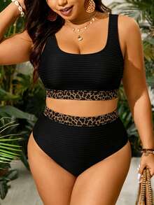 SHEIN Swim Curve 大尺碼女款黑色豹紋方領拼接高腰兩件式泳衣套裝，夏季穿搭，性感優雅海灘派對度假風 - 黑色 - 查看 3