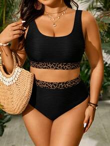 SHEIN Swim Curve 大尺碼女款黑色豹紋方領拼接高腰兩件式泳衣套裝，夏季穿搭，性感優雅海灘派對度假風 - 黑色 - 查看 5