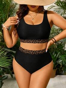SHEIN Swim Curve 大尺碼女款黑色豹紋方領拼接高腰兩件式泳衣套裝，夏季穿搭，性感優雅海灘派對度假風 - 黑色 - 查看 1